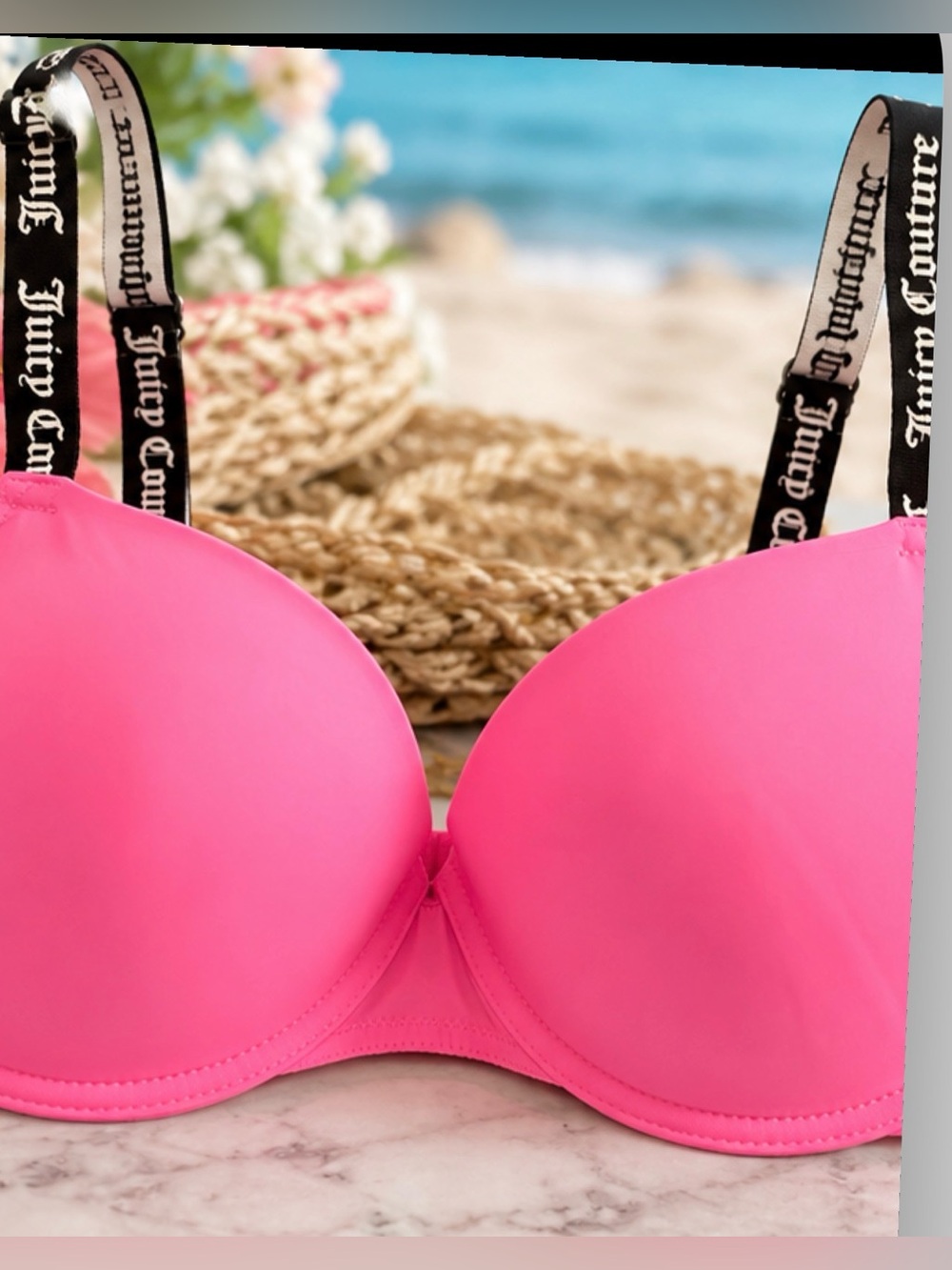 Juicy Couture Women’s Push Up Bra 38DD Hot Pink Black Logo Straps Padded